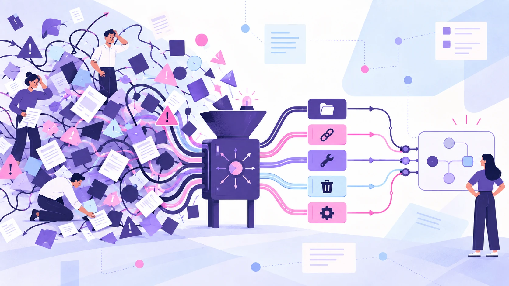 A messy process being sorted into a clear connected system